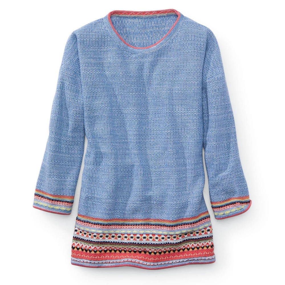 NorthStyle Fair Isle Hem‎ Knit Sweater L Blue Boho Aztec Artisan Folk 3/4 Sleeve